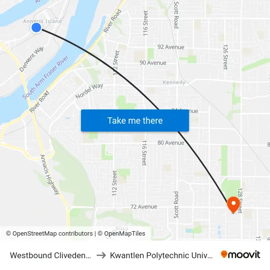 Westbound Cliveden Ave @ 900 Block to Kwantlen Polytechnic University - Surrey Campus map