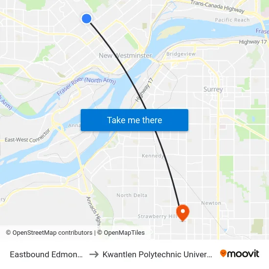 Eastbound Edmonds St @ 6th St to Kwantlen Polytechnic University - Surrey Campus map