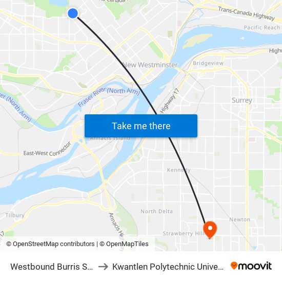 Westbound Burris St @ Malvern Ave to Kwantlen Polytechnic University - Surrey Campus map