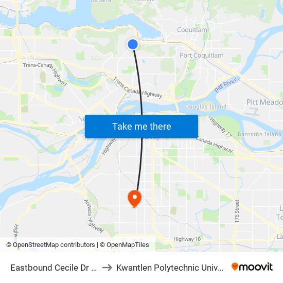 Eastbound Cecile Dr @ Highview Place to Kwantlen Polytechnic University - Surrey Campus map