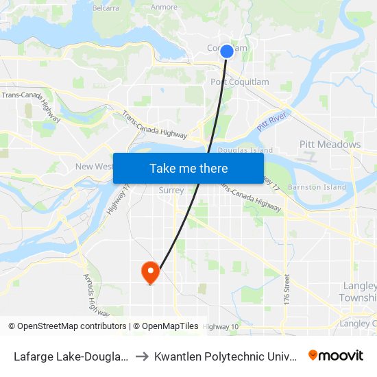 Lafarge Lake-Douglas Station @ Bay 3 to Kwantlen Polytechnic University - Surrey Campus map