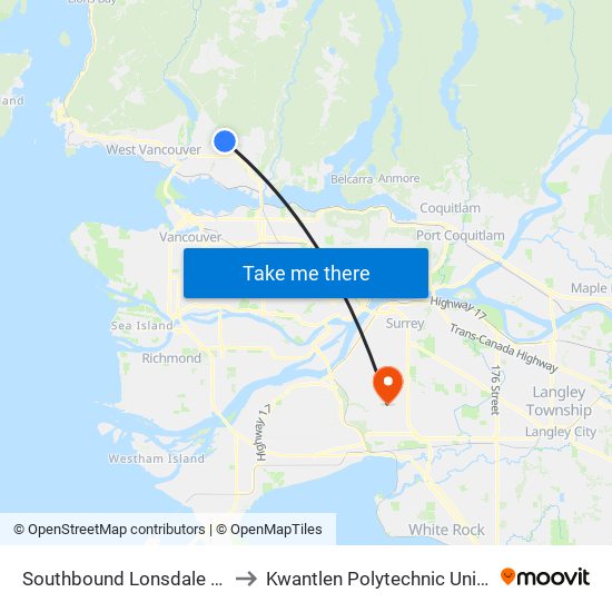 Southbound Lonsdale Ave @ W Balmoral Rd to Kwantlen Polytechnic University - Surrey Campus map