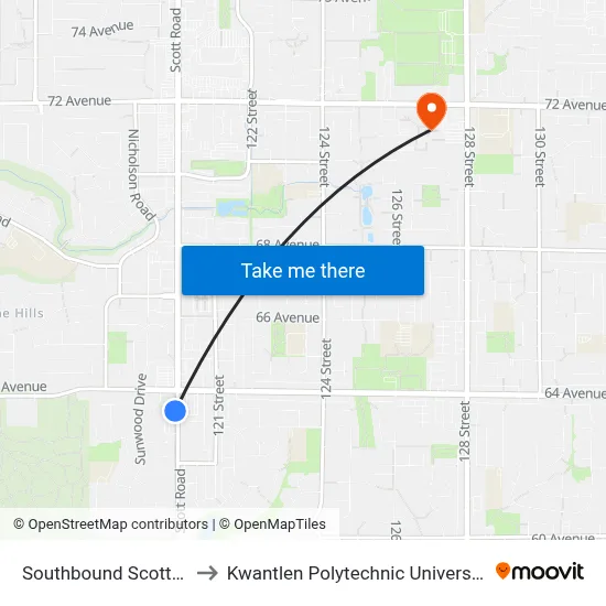 Southbound Scott Rd @ 64 Ave to Kwantlen Polytechnic University - Surrey Campus map