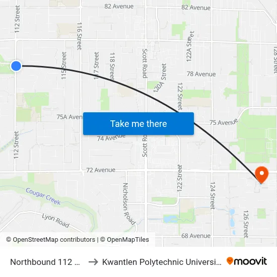 Northbound 112 St @ 78a Ave to Kwantlen Polytechnic University - Surrey Campus map