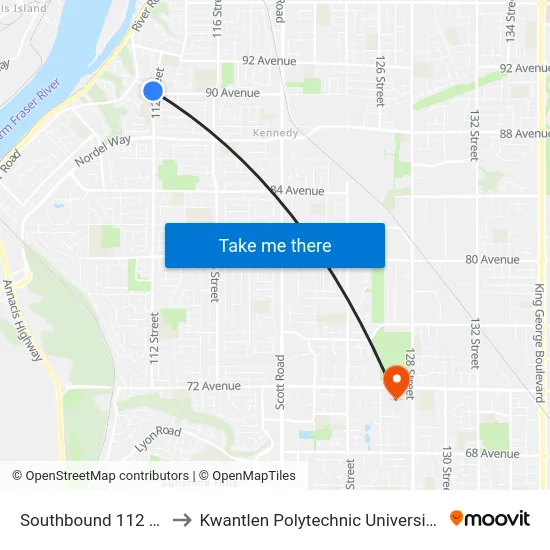 Southbound 112 St @ 90 Ave to Kwantlen Polytechnic University - Surrey Campus map