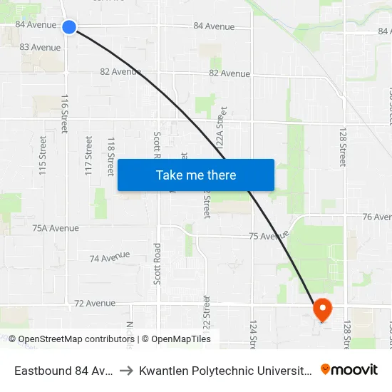 Eastbound 84 Ave @ 116 St to Kwantlen Polytechnic University - Surrey Campus map
