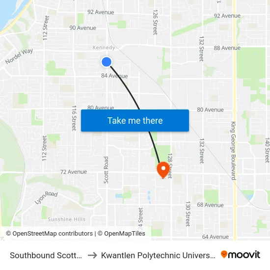 Southbound Scott Rd @ 86 Ave to Kwantlen Polytechnic University - Surrey Campus map
