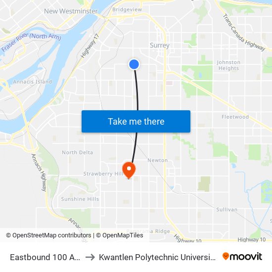 Eastbound 100 Ave @ 128 St to Kwantlen Polytechnic University - Surrey Campus map