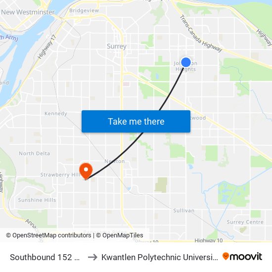 Southbound 152 St @ 101 Ave to Kwantlen Polytechnic University - Surrey Campus map