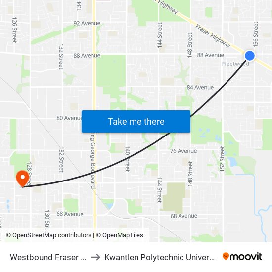 Westbound Fraser Hwy @ 156 St to Kwantlen Polytechnic University - Surrey Campus map