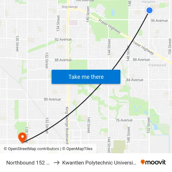 Northbound 152 St @ 98 Ave to Kwantlen Polytechnic University - Surrey Campus map