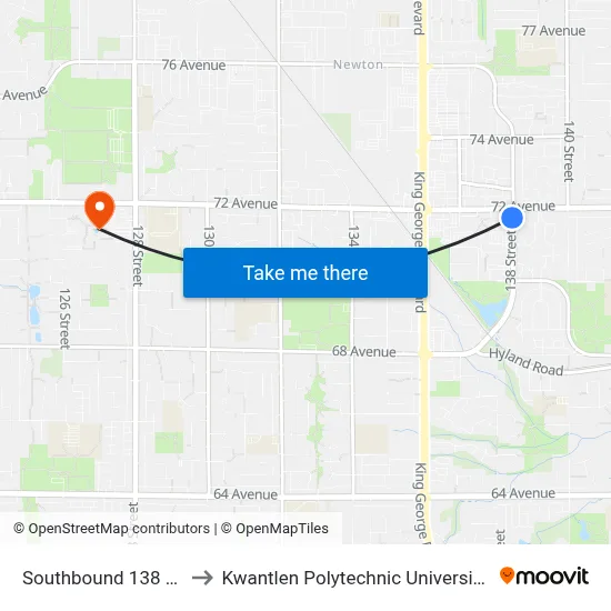 Southbound 138 St @ 72 Ave to Kwantlen Polytechnic University - Surrey Campus map