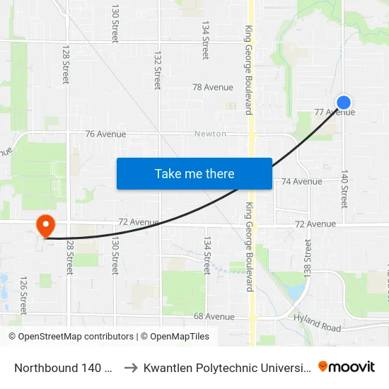 Northbound 140 St @ 77a Ave to Kwantlen Polytechnic University - Surrey Campus map
