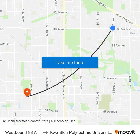 Westbound 88 Ave @ 148 St to Kwantlen Polytechnic University - Surrey Campus map