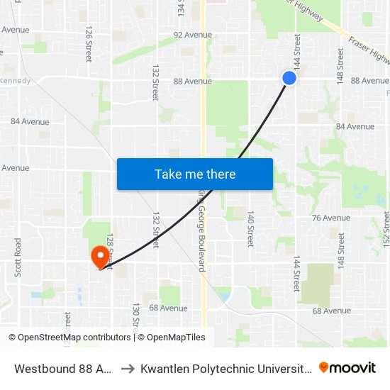 Westbound 88 Ave @ 144 St to Kwantlen Polytechnic University - Surrey Campus map