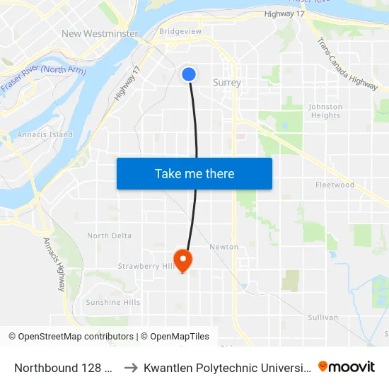 Northbound 128 St @ 106 Ave to Kwantlen Polytechnic University - Surrey Campus map