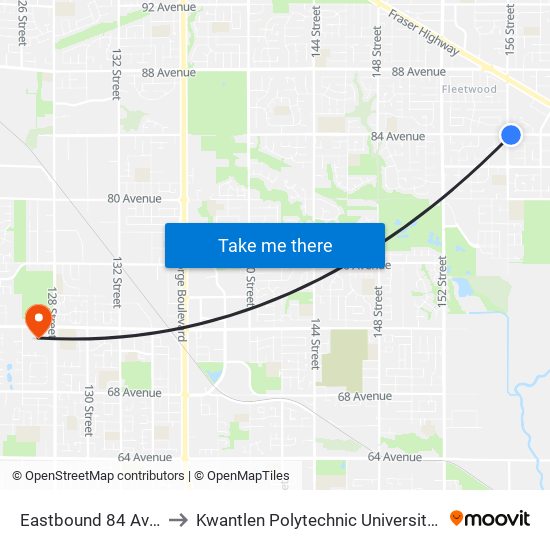 Eastbound 84 Ave @ 156 St to Kwantlen Polytechnic University - Surrey Campus map