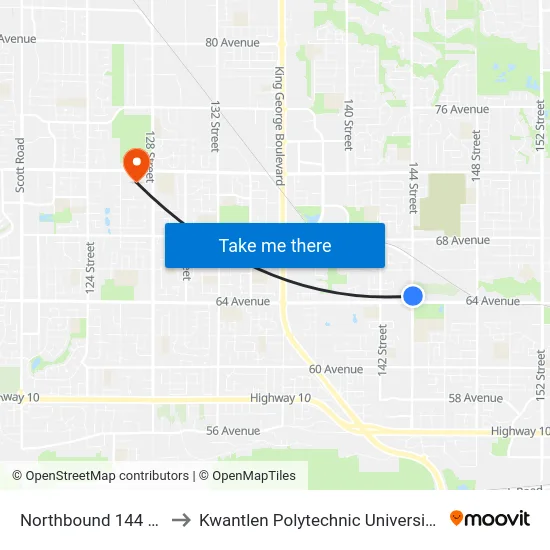 Northbound 144 St @ 64 Ave to Kwantlen Polytechnic University - Surrey Campus map
