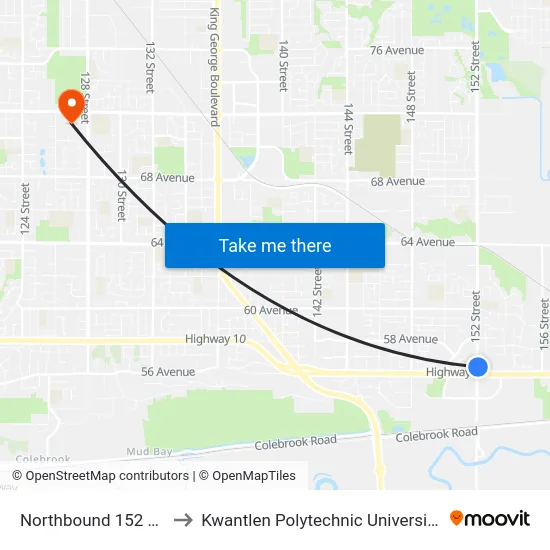 Northbound 152 St @ Hwy 10 to Kwantlen Polytechnic University - Surrey Campus map