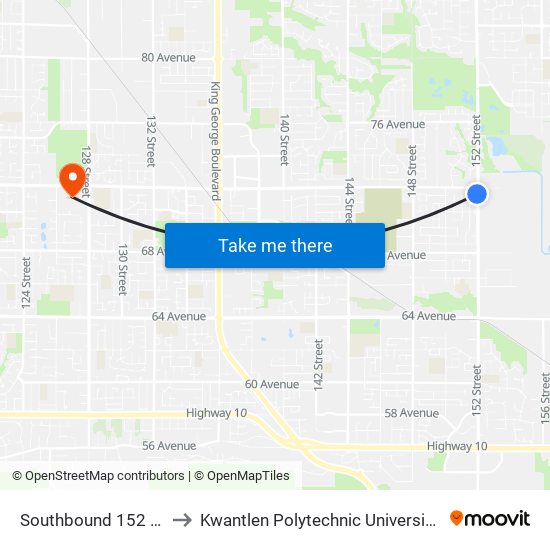 Southbound 152 St @ 72 Ave to Kwantlen Polytechnic University - Surrey Campus map