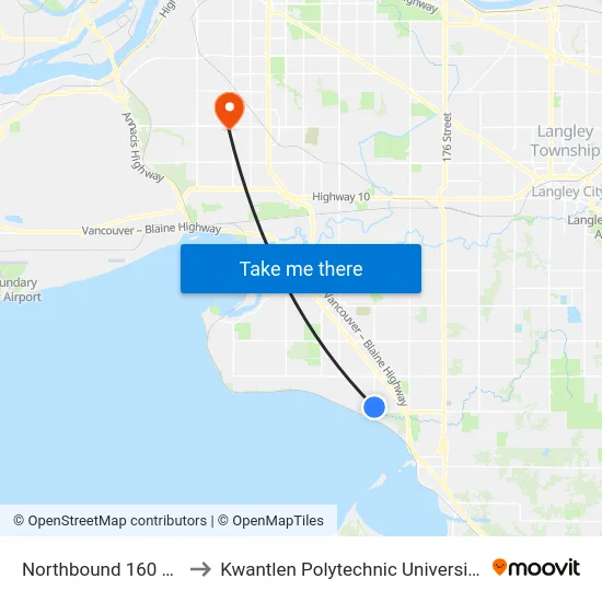 Northbound 160 St @ 9th Ave to Kwantlen Polytechnic University - Surrey Campus map
