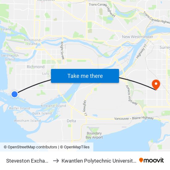 Steveston Exchange @ Bay 3 to Kwantlen Polytechnic University - Surrey Campus map