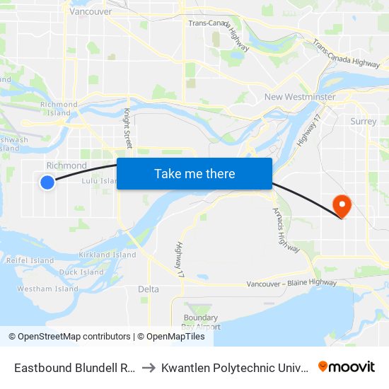 Eastbound Blundell Rd @ Cheviot Place to Kwantlen Polytechnic University - Surrey Campus map