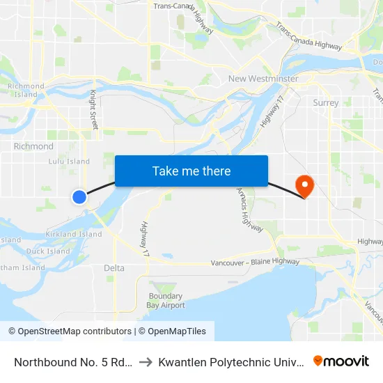 Northbound No. 5 Rd @ Steveston Hwy to Kwantlen Polytechnic University - Surrey Campus map