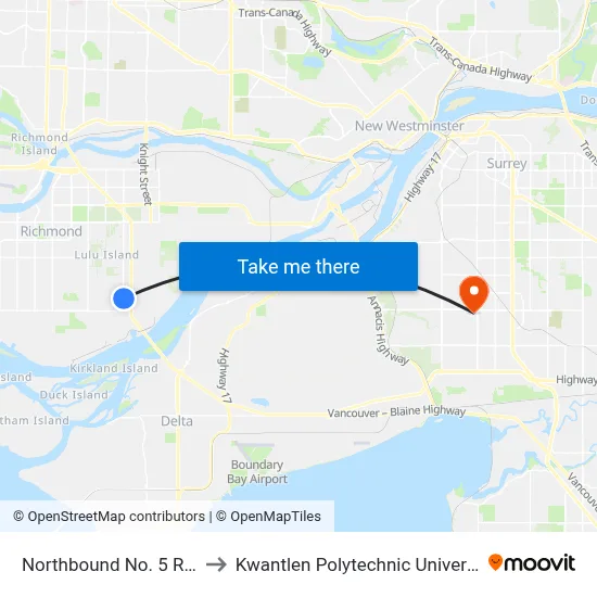 Northbound No. 5 Rd @ Seacliff Rd to Kwantlen Polytechnic University - Surrey Campus map