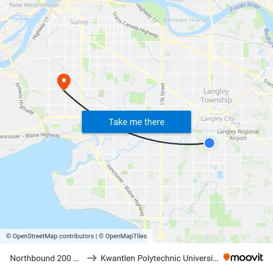 Northbound 200 St @ 45a Ave to Kwantlen Polytechnic University - Surrey Campus map