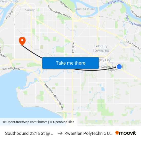 Southbound 221a St @ Langley Memorial Hospital to Kwantlen Polytechnic University - Surrey Campus map