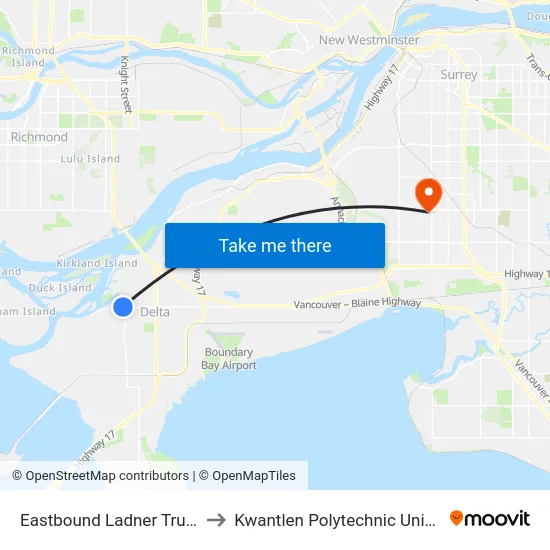 Eastbound Ladner Trunk Rd @ Central Ave to Kwantlen Polytechnic University - Surrey Campus map