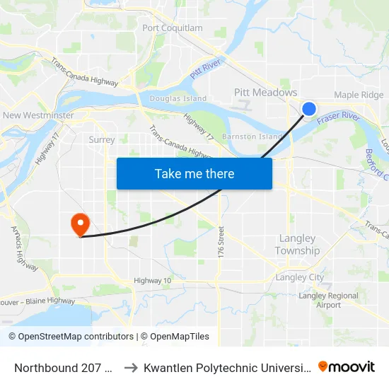 Northbound 207 St @ 117 Ave to Kwantlen Polytechnic University - Surrey Campus map