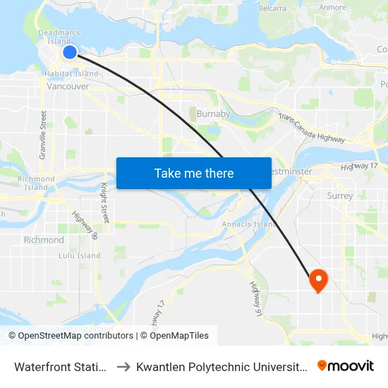 Waterfront Station @ Bay 1 to Kwantlen Polytechnic University - Surrey Campus map