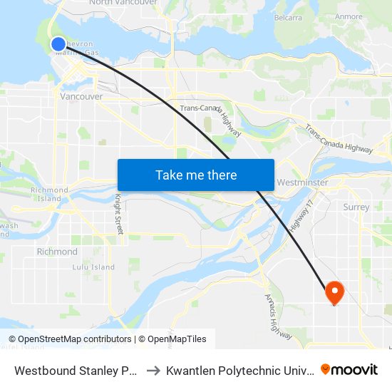 Westbound Stanley Park Dr @ Pipeline Rd to Kwantlen Polytechnic University - Surrey Campus map