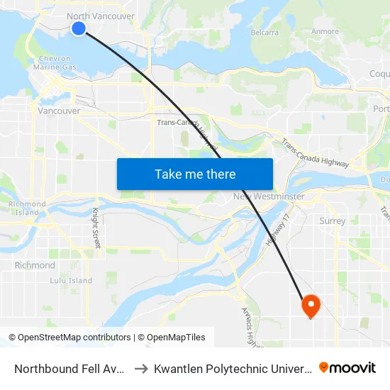 Northbound Fell Ave @ Automall Dr to Kwantlen Polytechnic University - Surrey Campus map