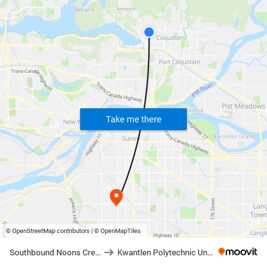 Southbound Noons Creek Dr @ Heather Place to Kwantlen Polytechnic University - Surrey Campus map