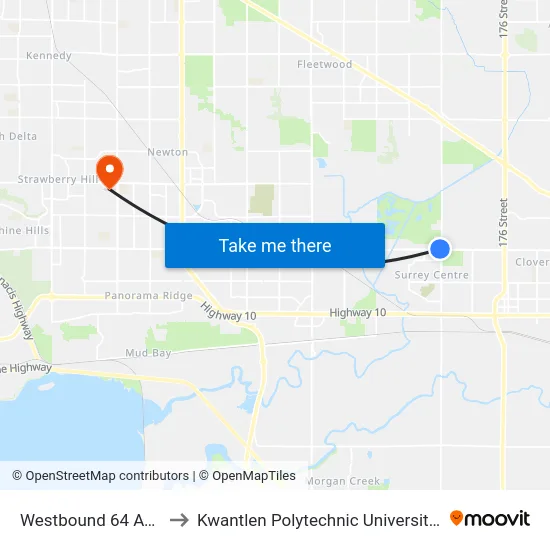 Westbound 64 Ave @ 168 St to Kwantlen Polytechnic University - Surrey Campus map