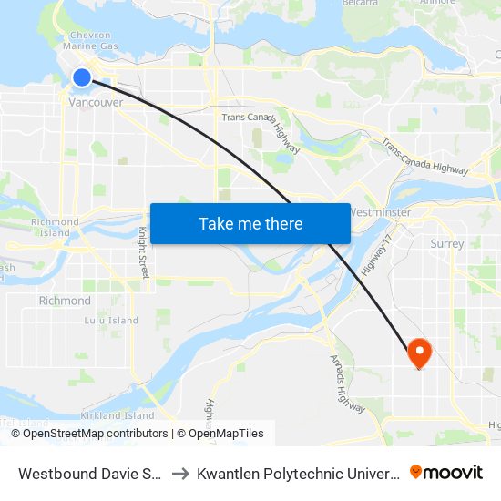 Westbound Davie St @ Richards St to Kwantlen Polytechnic University - Surrey Campus map