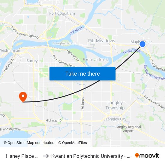 Haney Place @ Bay 5 to Kwantlen Polytechnic University - Surrey Campus map