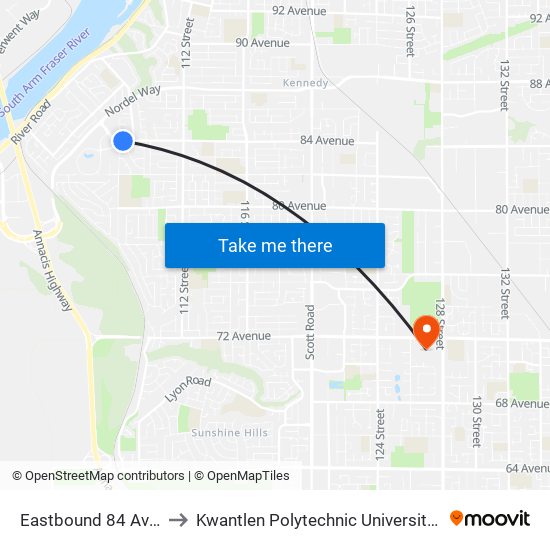 Eastbound 84 Ave @ 108 St to Kwantlen Polytechnic University - Surrey Campus map