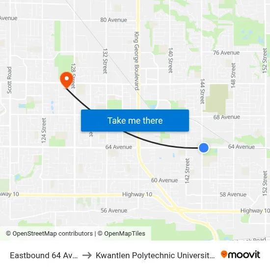 Eastbound 64 Ave @ 144 St to Kwantlen Polytechnic University - Surrey Campus map