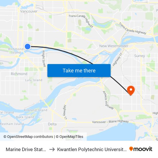 Marine Drive Station @ Bay 1 to Kwantlen Polytechnic University - Surrey Campus map