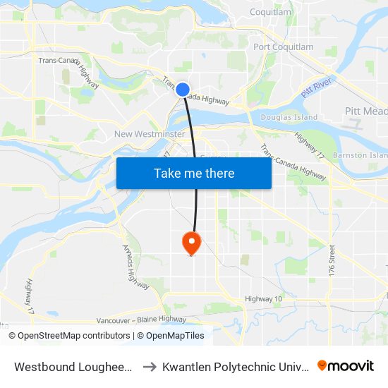 Westbound Lougheed Hwy @ 700 Block to Kwantlen Polytechnic University - Surrey Campus map