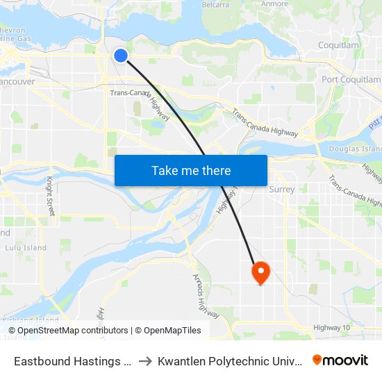 Eastbound Hastings St @ Madison Ave to Kwantlen Polytechnic University - Surrey Campus map