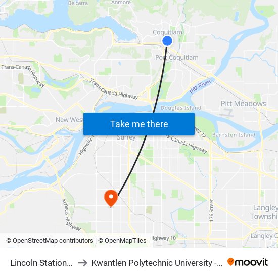 Lincoln Station @ Bay 2 to Kwantlen Polytechnic University - Surrey Campus map