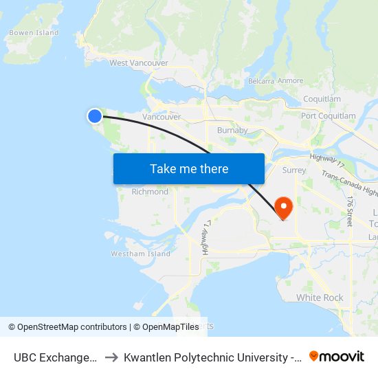 UBC Exchange @ Bay 1 to Kwantlen Polytechnic University - Surrey Campus map