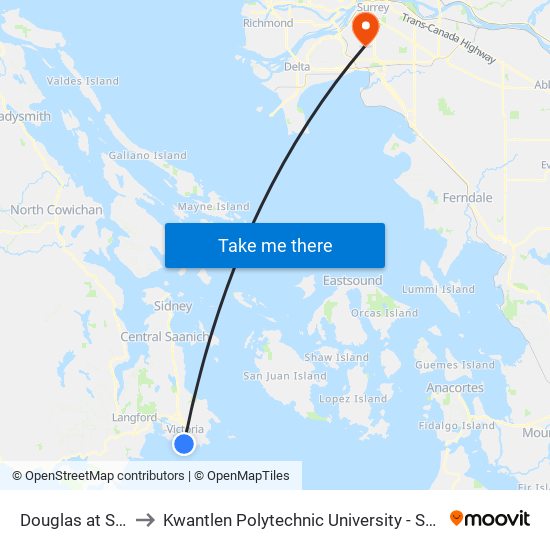Douglas at Simcoe to Kwantlen Polytechnic University - Surrey Campus map