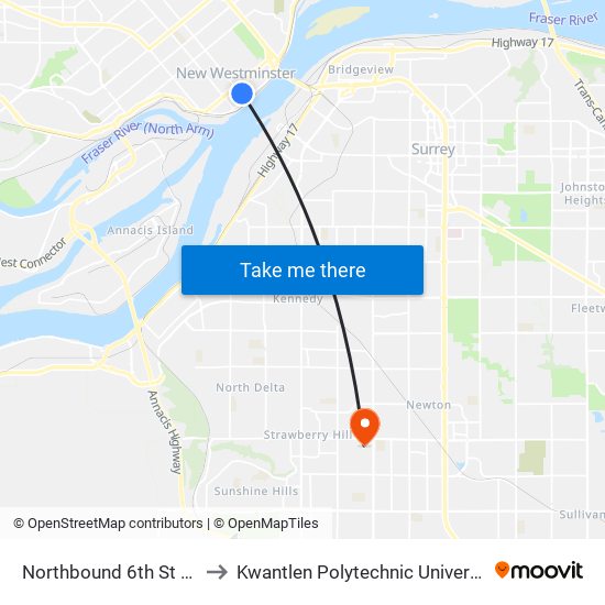 Northbound 6th St @ Carnarvon St to Kwantlen Polytechnic University - Surrey Campus map