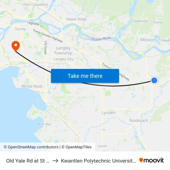 Old Yale Rd at St Moritz Way to Kwantlen Polytechnic University - Surrey Campus map
